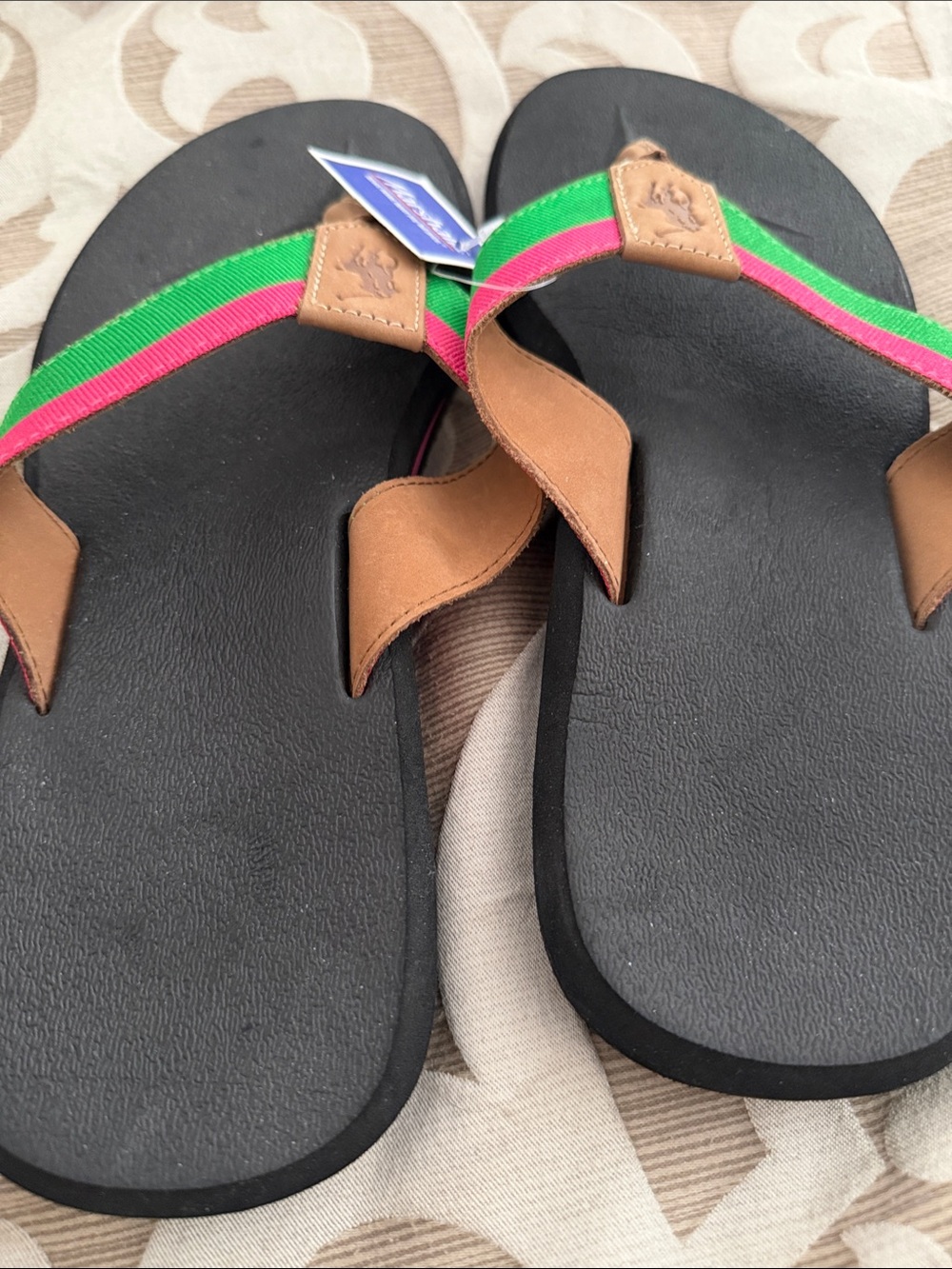 Polo by Ralph Lauren Black Flip Flop Sandals with Green and Pink Straps